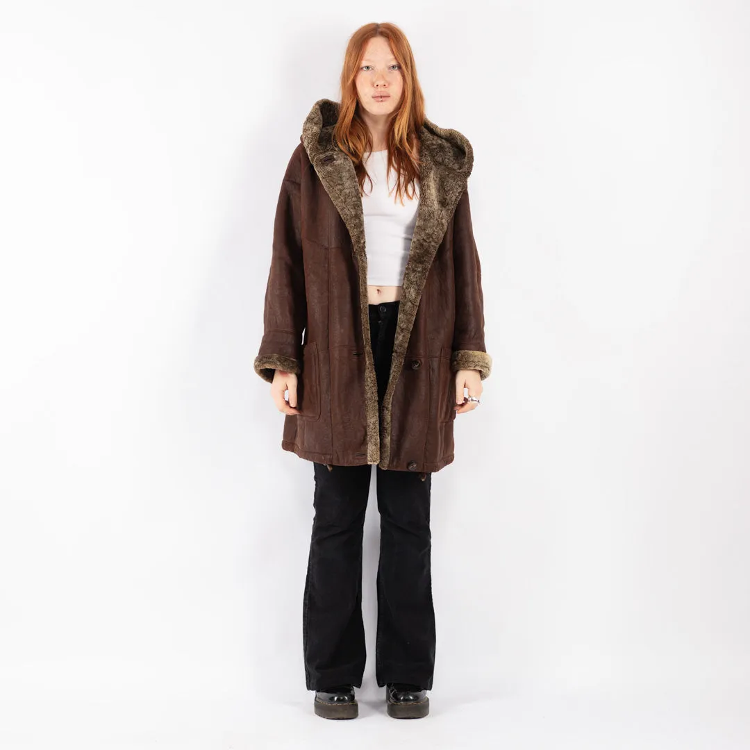 Vintage 90's Women Hooded Sheepskin Coat in Brown