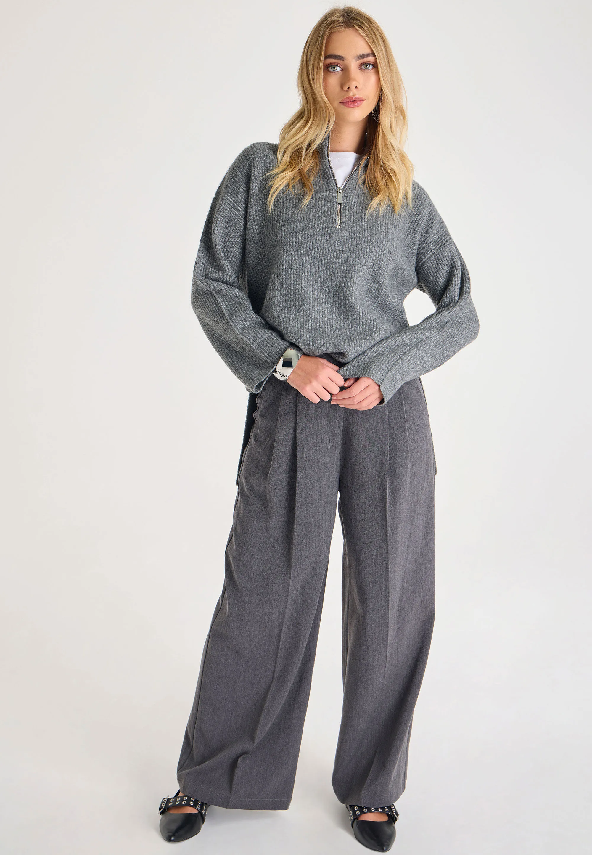 Womens Charcoal Ribbed Knit Zip Neck Jumper