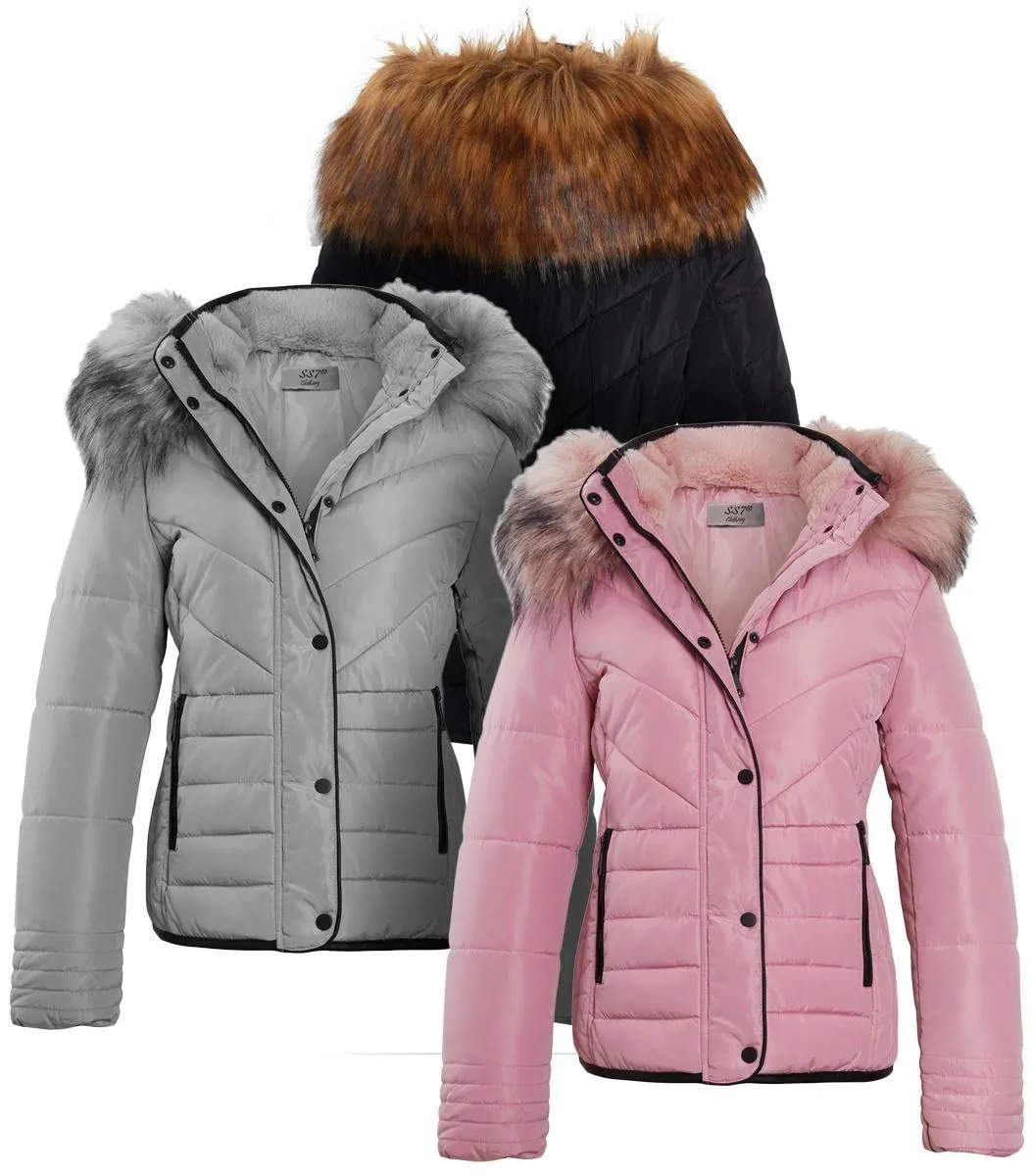 Womens Luxurious Fur Puffer Jacket, Pink, Black, Grey, Sizes 6 to 16