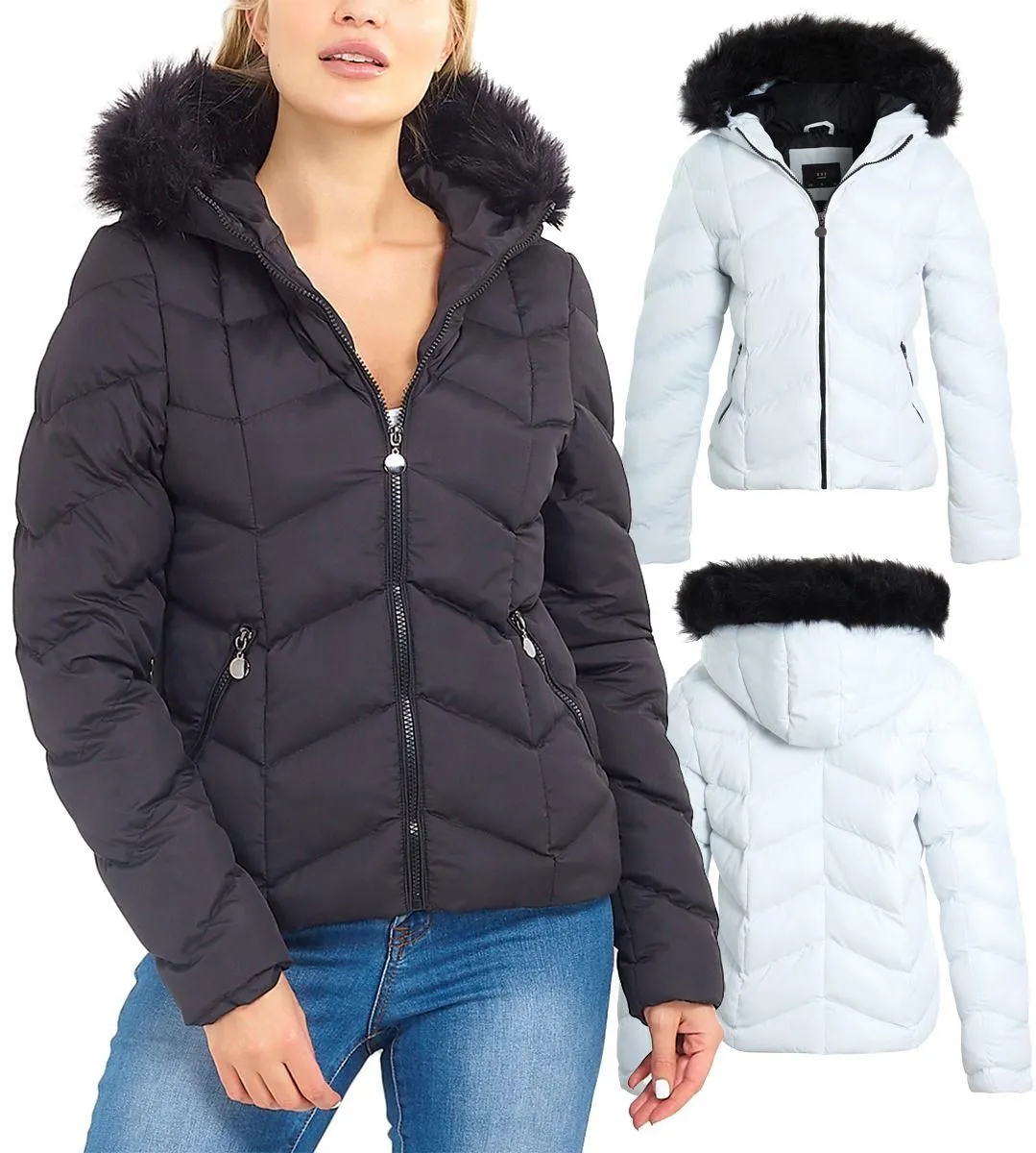 Womens Puffer Jacket with Faux Fur Trim, White, Black, Sizes 8 to 16