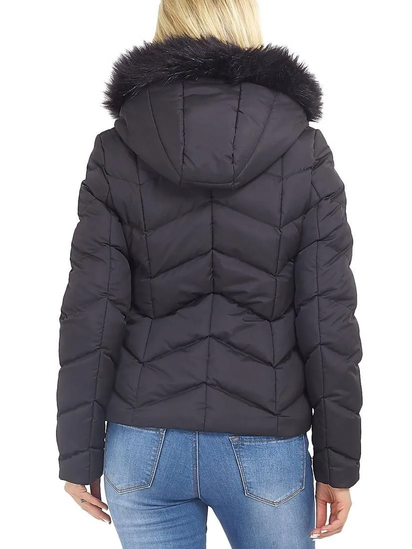 Womens Puffer Jacket with Faux Fur Trim, White, Black, Sizes 8 to 16