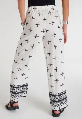 Womens White & Black Print Wide Leg Trousers