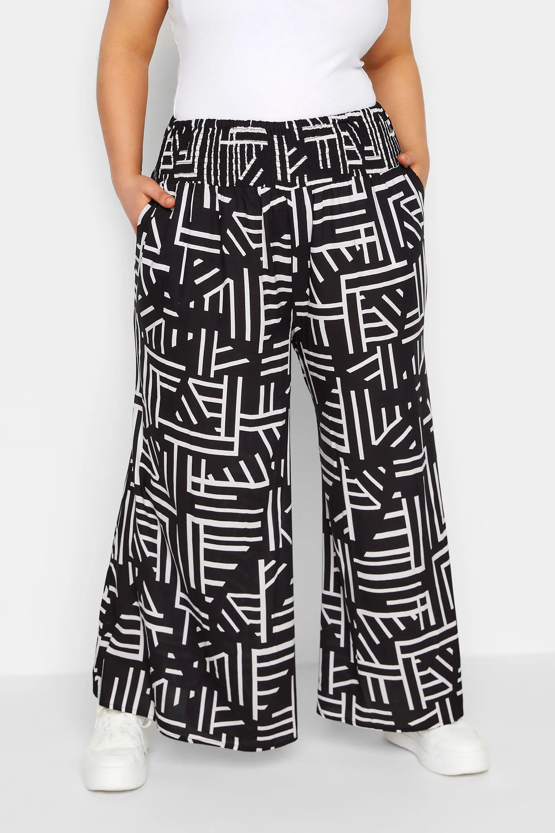 YOURS Curve Black Geometric Print Shirred Waist Wide Leg Trousers